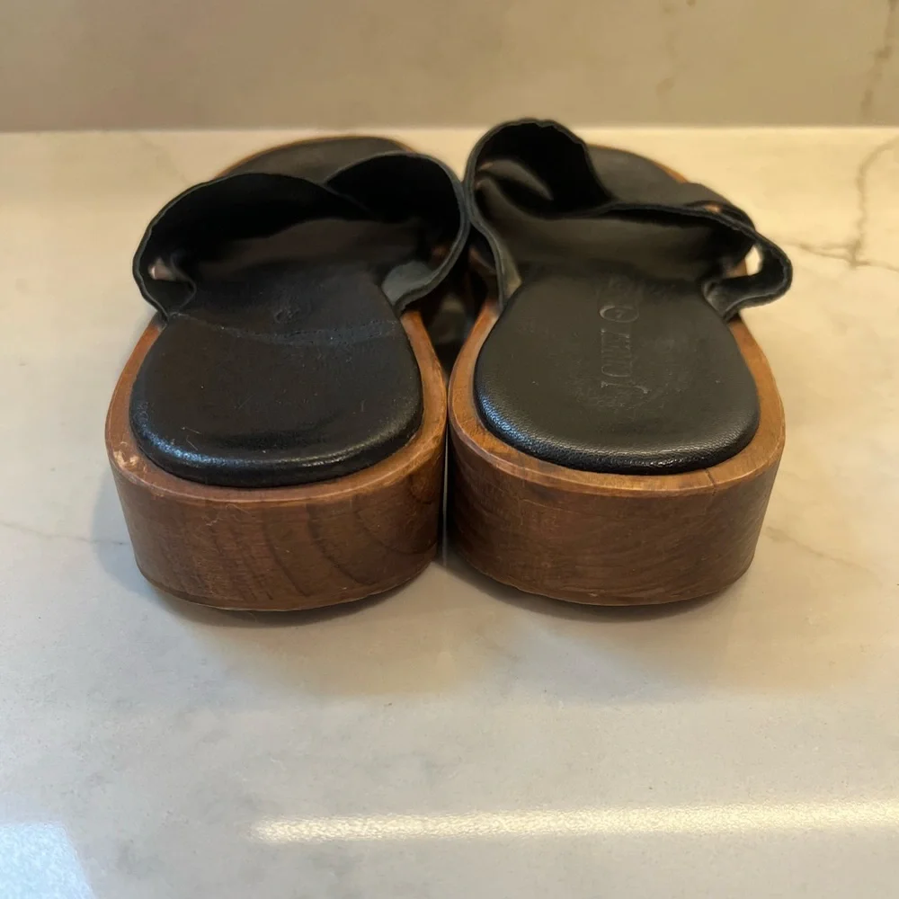 J. Crew Black Leather Wooden Heel Sandals Cross Straps Neutral Minimalist Chic